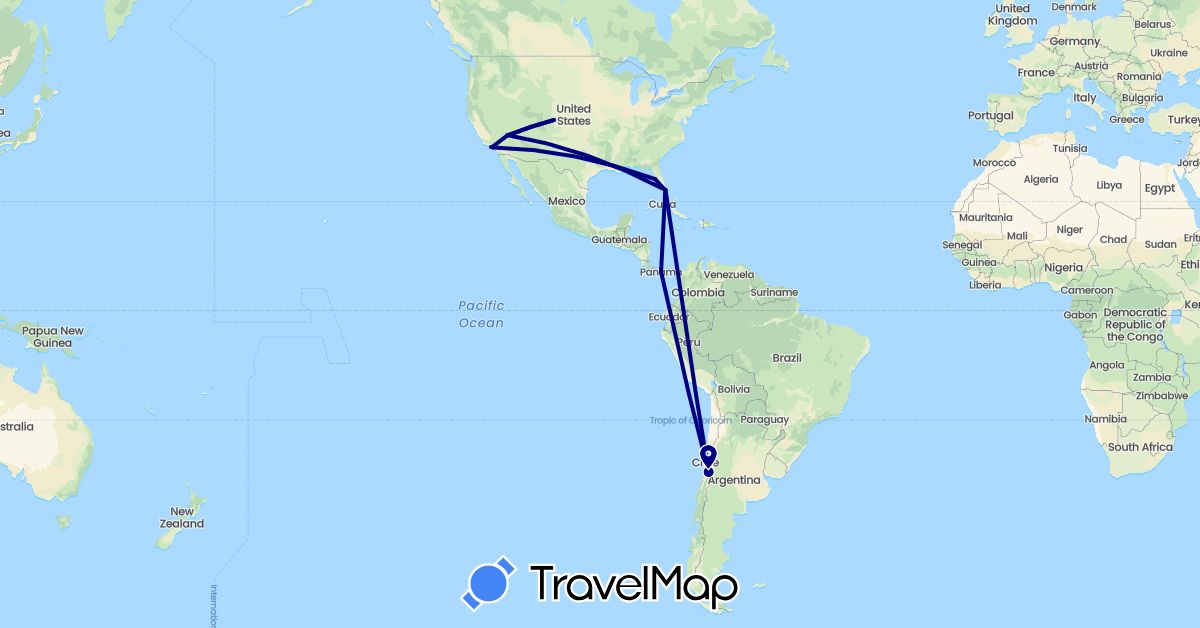 TravelMap itinerary: driving in Chile, Panama, United States (North America, South America)